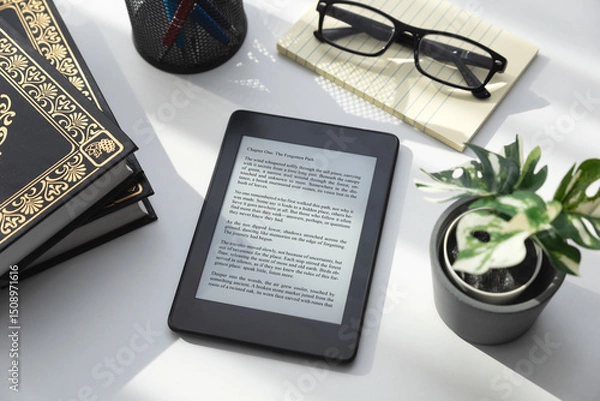 Fototapeta E-book reader device in home library