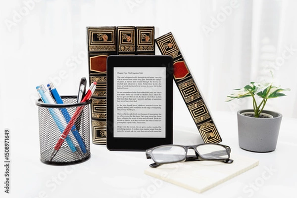 Fototapeta E-book reader device in home library
