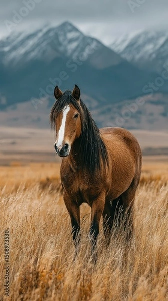Fototapeta Majestic horse standing in tall grass against a mountain backdrop during cloudy weather