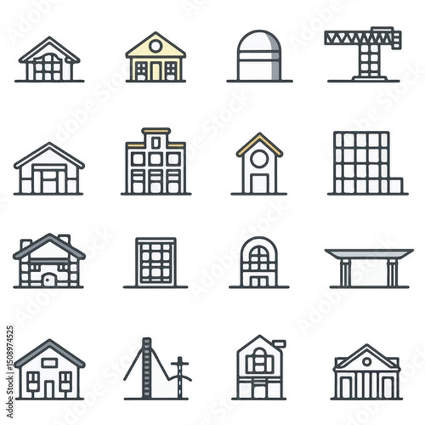 Fototapeta Collection of Minimalist Line Icons of Various Buildings and Structures
