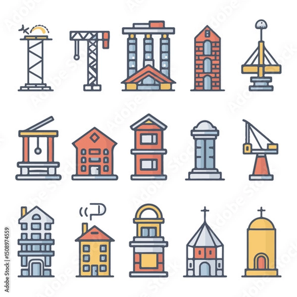 Fototapeta Colorful Architectural Icons Featuring Diverse Building Designs
