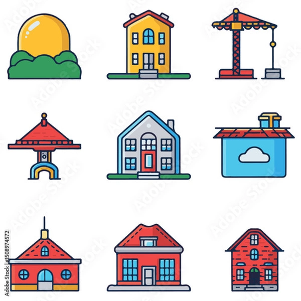 Fototapeta Colorful Icons of Homes, Construction, and Sunny Landscape Elements
