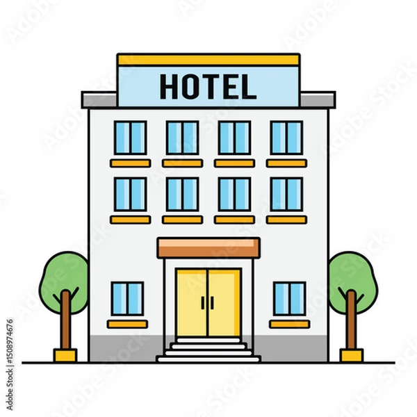 Fototapeta Modern Flat Hotel Building Vector Illustration – Front View Architecture for Travel and Tourism Design