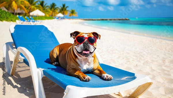 Fototapeta Cheerful bulldog in heart-shaped sunglasses relaxes on a beach lounge chair on the sea shore with turquoise water, palm trees and clear sky, creating a perfect tropical backdrop. Summertime holiday