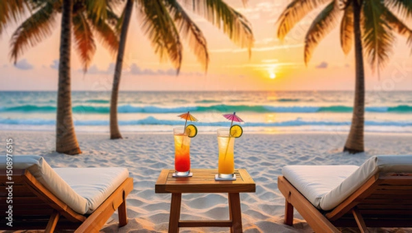 Fototapeta Two sunbeds face a stunning beach sunset, with two tropical cocktails on a small table between them. Palm trees frame the vibrant orange sky and the turquoise ocean, creating an idyllic vacation scene