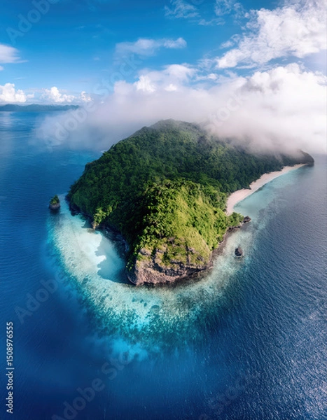 Fototapeta Breathtaking aerial view showcases a lush green tropical island, partially shrouded in ethereal clouds. Hidden piece of land surrounded by turquoise waters and pristine beaches, untouched paradise