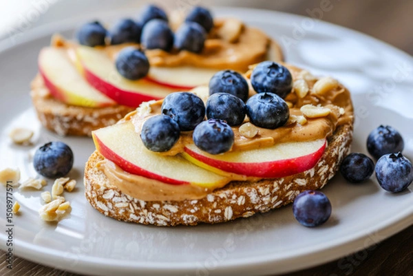 Fototapeta Two slices of whole-grain bread topped with creamy peanut butter, fresh apple slices, and blueberries sit on a rustic plate, perfect for a nutritious breakfast