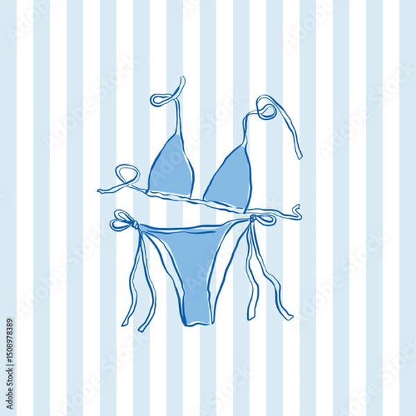 Fototapeta Hand drawn blue bikini vector, triangle bikini top and tie side bikini bottom vector