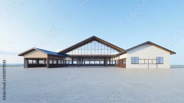 Fototapeta Modern architectural design of a spacious building with large glass windows and wooden elements in a serene outdoor landscape