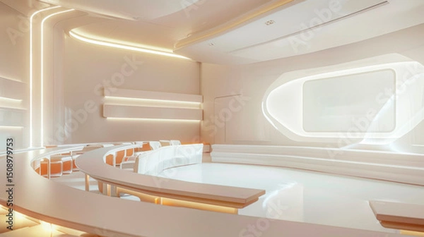 Obraz A futuristic white interior space with curved seating areas, LED lighting, and large windows, creating a serene atmosphere and comfortable seating experience.