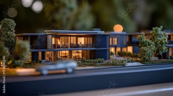 Obraz Modern apartment complex model at night, landscaping, car