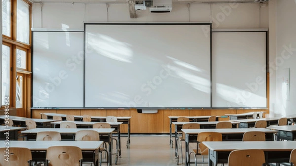 Obraz An empty classroom featuring a large white screen surrounded by wooden desks and chairs, illuminated by natural light from the windows, creating a calm and serene atmosphere.
