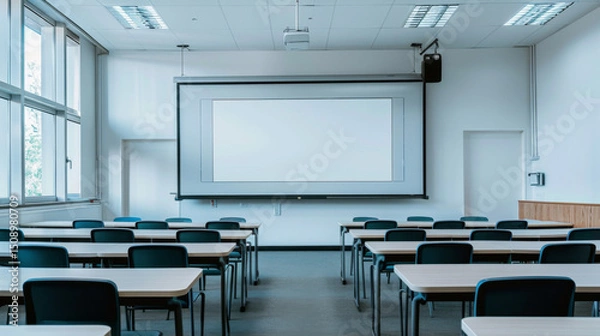 Obraz A modern, empty classroom featuring desks, a whiteboard, and a projector screen, illuminated by natural light through large windows, creating a clean and professional atmosphere.