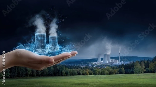 Fototapeta A hand holding a digital nuclear power plant with energy light waves above a green valley, 
A vast open space with forest trees, night sky and smoke coming from the chimney of a modern factory.