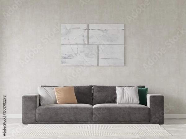 Fototapeta Mock up of an original living room with a stylish comfortable sofa and an exquisite fashionable background, 3d rendering.