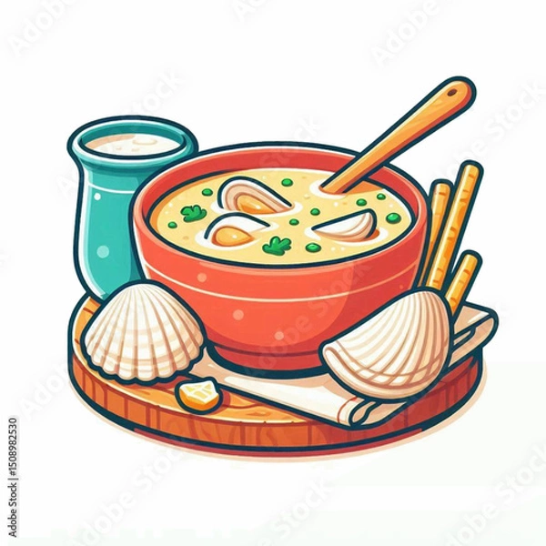 Fototapeta Clam chowder is served in a red bowl with shells and breadsticks around it