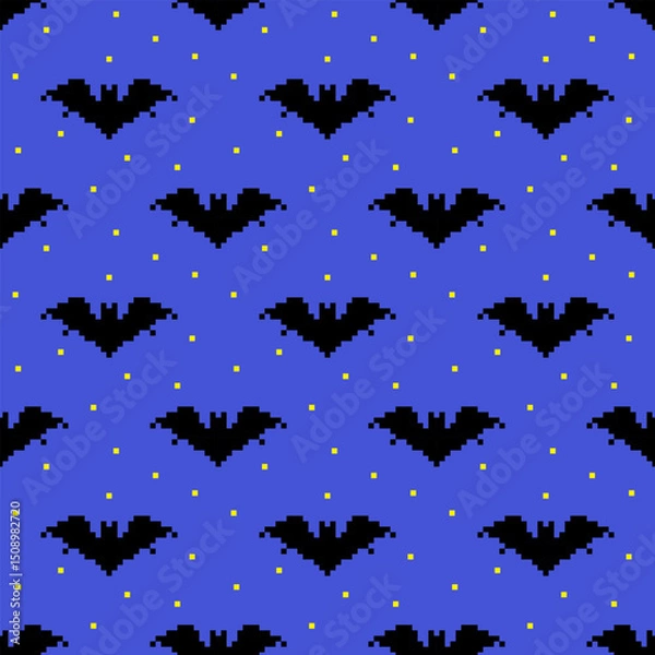 Fototapeta Pixel bats on the background of dark blue night sky with stars. Seamless pattern, background, print, vector illustration