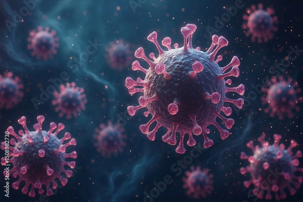 Fototapeta 3D close-up of virus particles in dark space. Great for scientific, medical, pandemic-related visuals, and healthcare awareness designs.