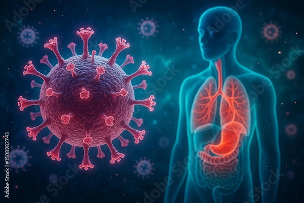 Fototapeta Virus and human anatomy showing lungs and digestive system. Perfect for medical visuals, health awareness, and scientific illustrations.