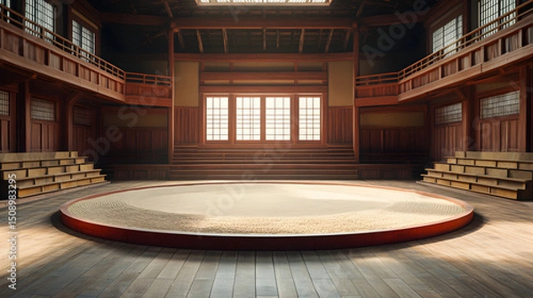 Fototapeta Empty Sumo Ring with Sand and Wooden Spectator Seating in Arena