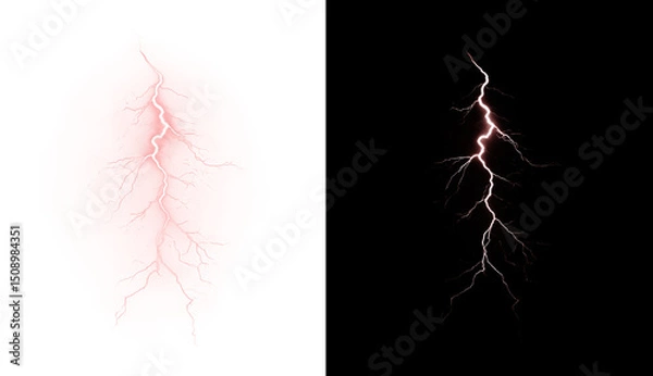 Obraz Powerful red lightning bolt with electric burst, glowing thunderstrike, neon flare and energy discharge. Realistic png element for dynamic, stormy or magical designs.
