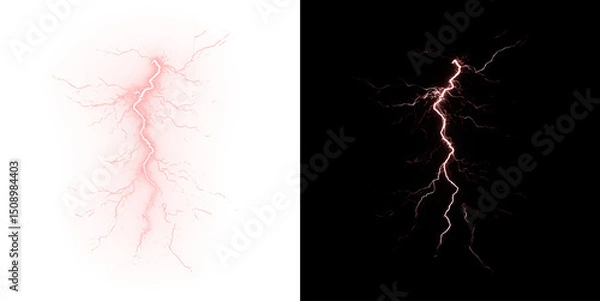 Obraz Dramatic lightning strike and thunder overlay with electric storm energy. Powerful weather effect ideal for dramatic nature scenes and designs. Isolated PNG background.	