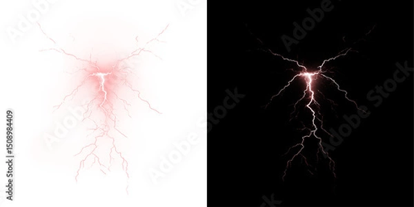 Obraz Powerful red lightning bolt with electric burst, glowing thunderstrike, neon flare and energy discharge. Realistic png element for dynamic, stormy or magical designs.
