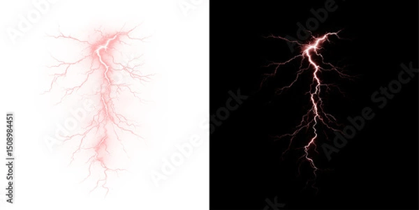 Obraz Powerful red lightning bolt with electric burst, glowing thunderstrike, neon flare and energy discharge. Realistic png element for dynamic, stormy or magical designs.