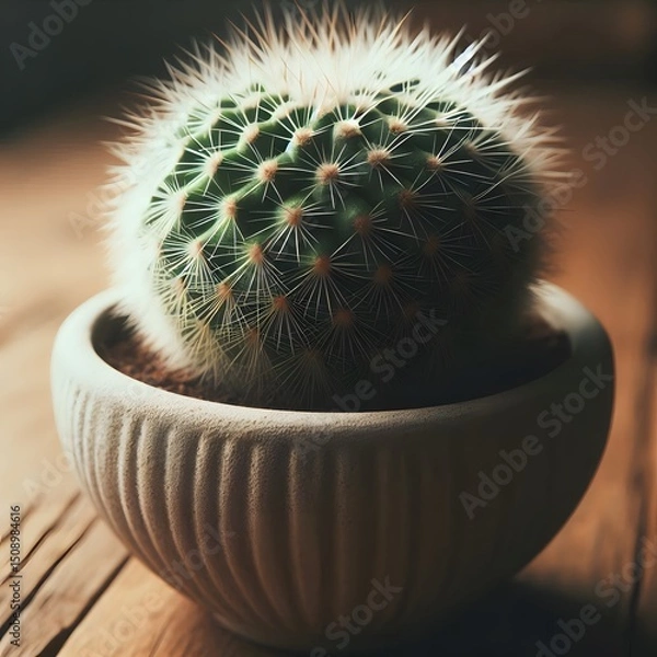 Obraz Fluffy Cactus in a Modern Pot A Close-Up Photograph