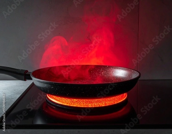 Obraz Hot Pan on Stove: A black frying pan sizzles on a red-glowing stove top, sending up wisps of vibrant red steam. The scene captures the intensity of cooking and the promise of a delicious meal.