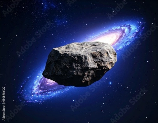 Obraz Asteroid Near Galaxy: A large asteroid floats in the vast expanse of space, near a vibrant spiral galaxy. The cosmic scene is full of mystery and wonder.