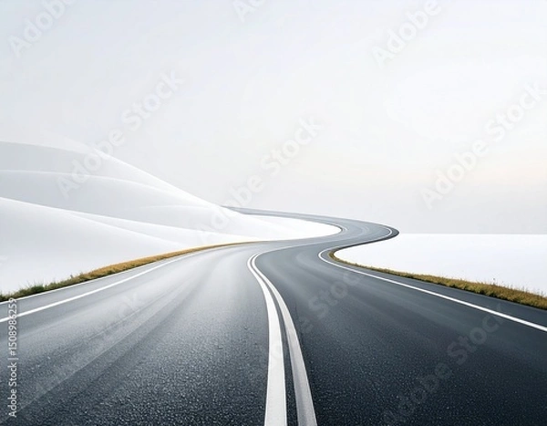 Obraz Winding Road to Adventure: An inviting asphalt road, a symbol of journeys and exploration, gracefully curves through an expanse of white, offering a glimpse into the unknown.