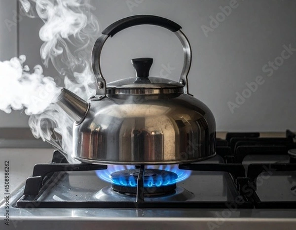 Obraz Boiling kettle on a stove: A steamy kettle boils vigorously on a stovetop, emitting a cloud of vapor into the air, capturing a moment of everyday domesticity.
