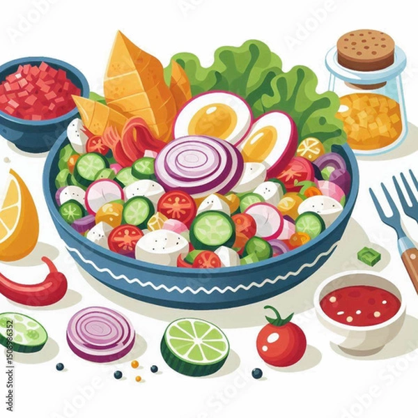 Fototapeta Colorful salad with sliced vegetables eggs and cheese in a blue bowl with condiments and cutlery