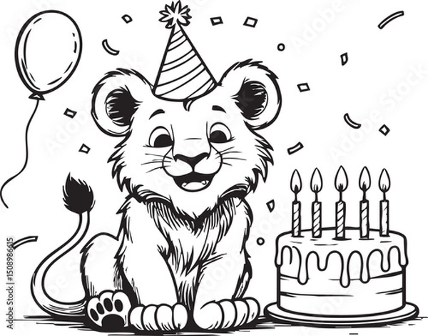 Fototapeta Cute cartoon mammal vector illustration of a lion with balloons and a gift