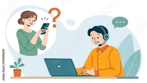 Fototapeta A customer support agent assisting a customer through their smartphone for help and information in a call center