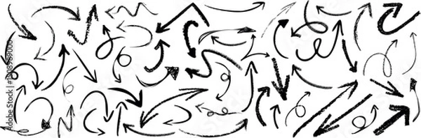 Obraz Pencil arrow, charcoal and chalk arrow sketches in dynamic styles. hand drawn directional grunge arrow designs elements add artistic flair to infographics, presentations, and designs