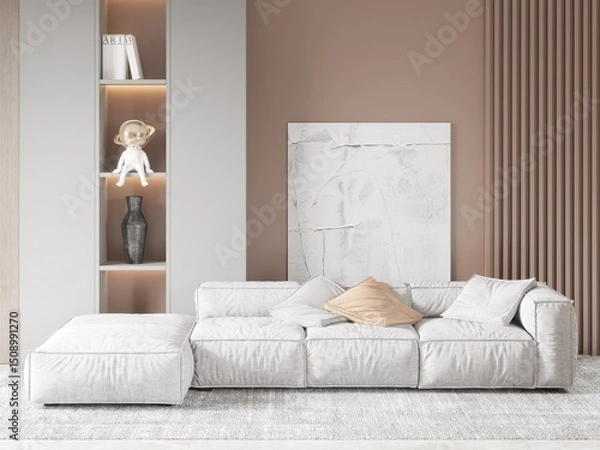 Fototapeta Mock up of a bright spacious living room with a fashionable large sofa and a modern stylish background, 3d rendering.