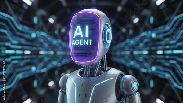 Fototapeta AI Agent robot in a digital background. collaboration with artificial intelligence, technology partnership, Automation & collaboration.