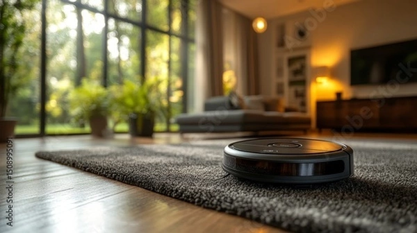 Obraz A robotic vacuum cleaner navigating a high-tech smart home.