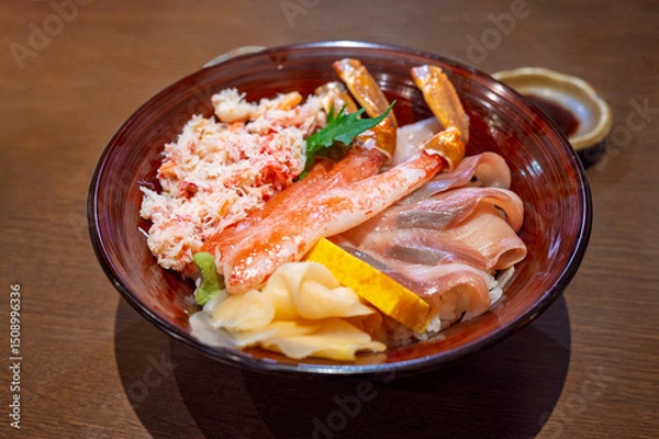 Obraz Premium fresh raw seafood mixed rice bowl (Kaisen-don, Japanese tasty food), Japanese Rice with sashimi of salmon, zuwai kani crab on wood background