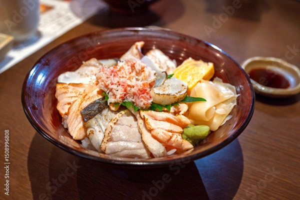 Obraz Premium fresh raw seafood mixed rice bowl (Kaisen-don, Japanese tasty food), Japanese Rice with sashimi of salmon grill, zuwai kani crab on wood background