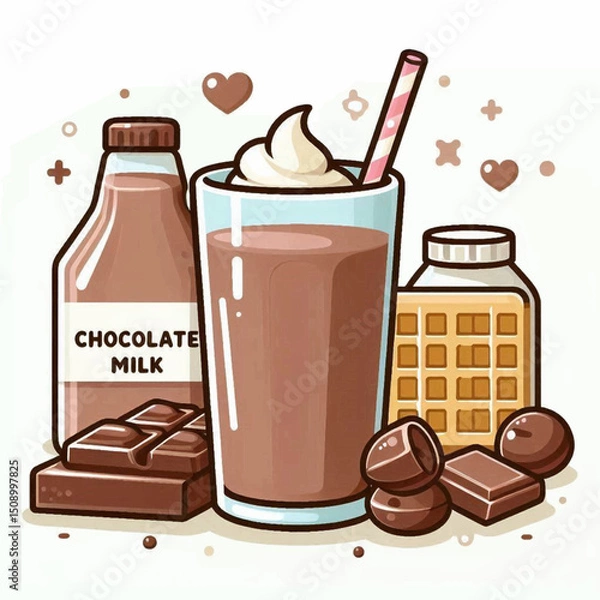 Fototapeta The image displays chocolate milk with whipped cream next to a bottle of chocolate milk waffles and chocolate pieces