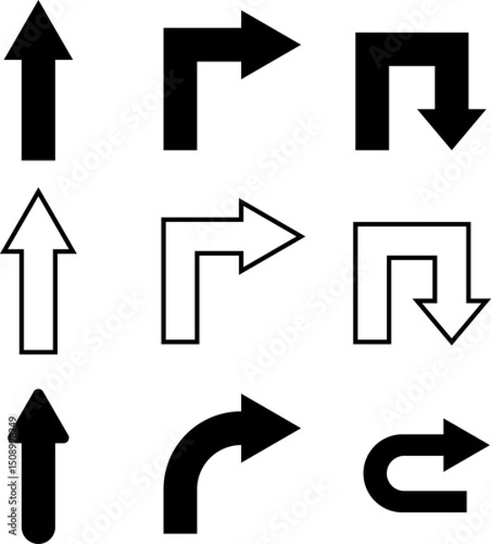 Obraz Arrow Icons with Turns and Bends. Directional Black Icons for UI Navigation, Digital Signage, Roadmap Infographics, Interface Flowcharts, Minimal Pointers, Guides and Web Communication Concepts