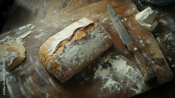 Fototapeta A rustic shot of a loaf of freshly baked bread on a wooden cutting board, with flour scattered around and a rustic knife ready to slice the bread.