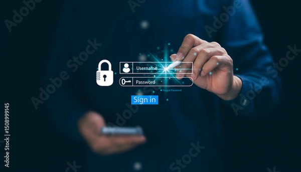 Fototapeta The concept of logging into websites online on laptops, using personal usernames and passwords, for protection from fraudsters, and for cybersecurity.