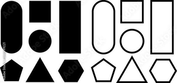 Obraz Geometric Shapes Icon Collection. Solid and Outline Basic Forms for Infographics, Educational Posters, Layout Composition, Web Design, Symbolic Graphics and Minimal Visual Communication Elements