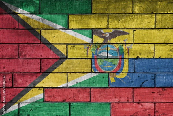 Fototapeta colourful painted big national flag of ecuador and flag of guyana on a massive old brick wall background. concept
