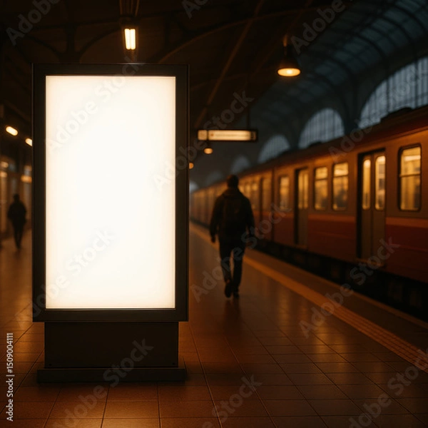Fototapeta Dimly lit subway station features blank advertising panel, with silhouette of person walking past train. atmosphere is urban and moody