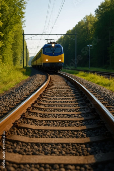 Fototapeta Yellow train travels along railway track surrounded by lush green trees, creating serene and picturesque scene